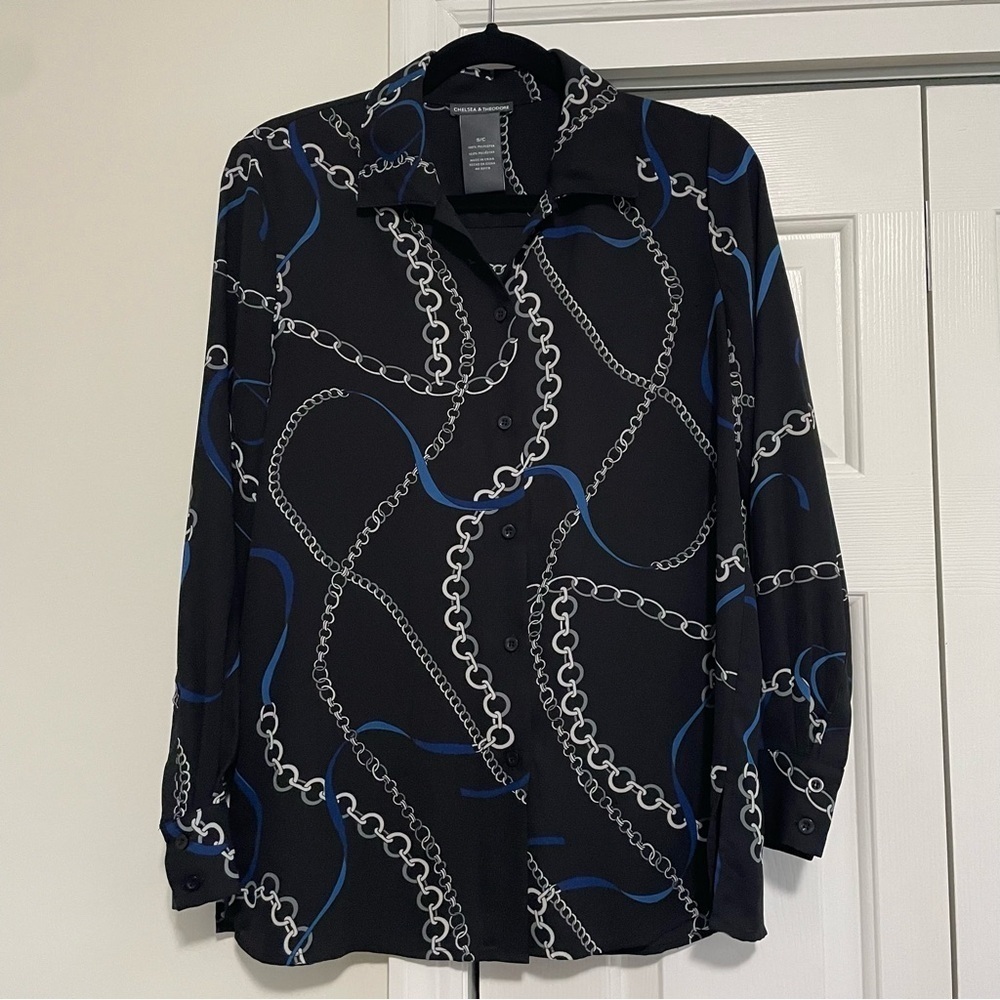Chelsea & Theodore Black Blue Chain Link Button Down Blouse Size Small